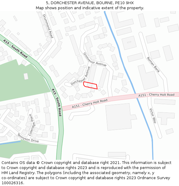 5, DORCHESTER AVENUE, BOURNE, PE10 9HX: Location map and indicative extent of plot