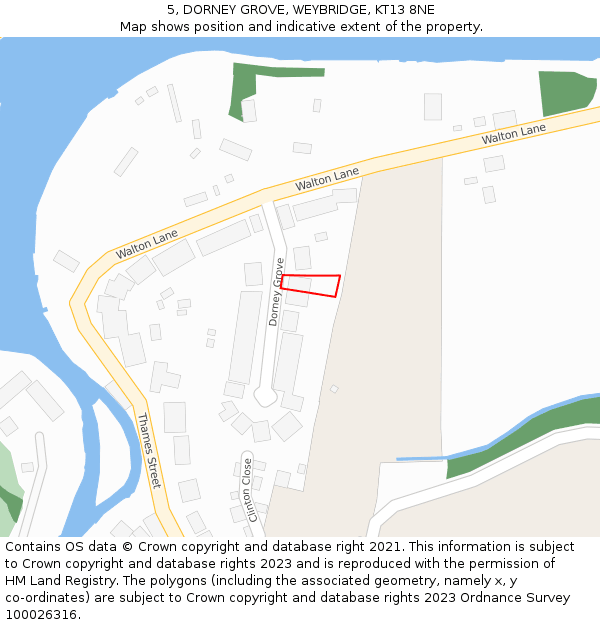 5, DORNEY GROVE, WEYBRIDGE, KT13 8NE: Location map and indicative extent of plot