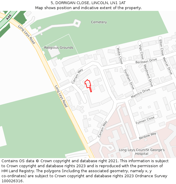 5, DORRIGAN CLOSE, LINCOLN, LN1 1AT: Location map and indicative extent of plot