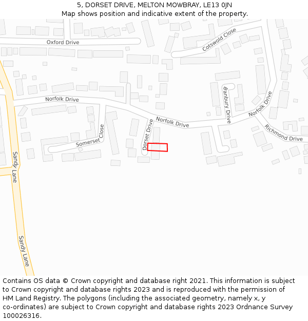 5, DORSET DRIVE, MELTON MOWBRAY, LE13 0JN: Location map and indicative extent of plot