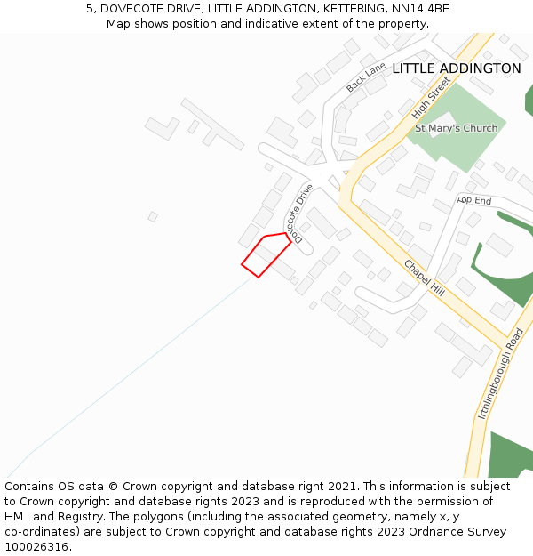 5, DOVECOTE DRIVE, LITTLE ADDINGTON, KETTERING, NN14 4BE: Location map and indicative extent of plot