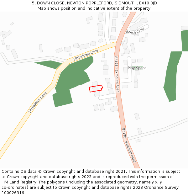 5, DOWN CLOSE, NEWTON POPPLEFORD, SIDMOUTH, EX10 0JD: Location map and indicative extent of plot