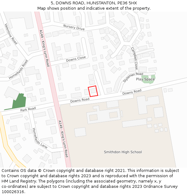 5, DOWNS ROAD, HUNSTANTON, PE36 5HX: Location map and indicative extent of plot