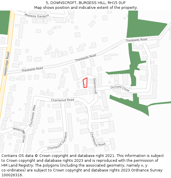 5, DOWNSCROFT, BURGESS HILL, RH15 0UF: Location map and indicative extent of plot