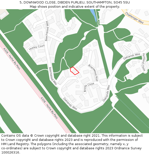5, DOWNWOOD CLOSE, DIBDEN PURLIEU, SOUTHAMPTON, SO45 5SU: Location map and indicative extent of plot