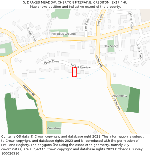 5, DRAKES MEADOW, CHERITON FITZPAINE, CREDITON, EX17 4HU: Location map and indicative extent of plot