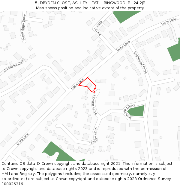 5, DRYDEN CLOSE, ASHLEY HEATH, RINGWOOD, BH24 2JB: Location map and indicative extent of plot