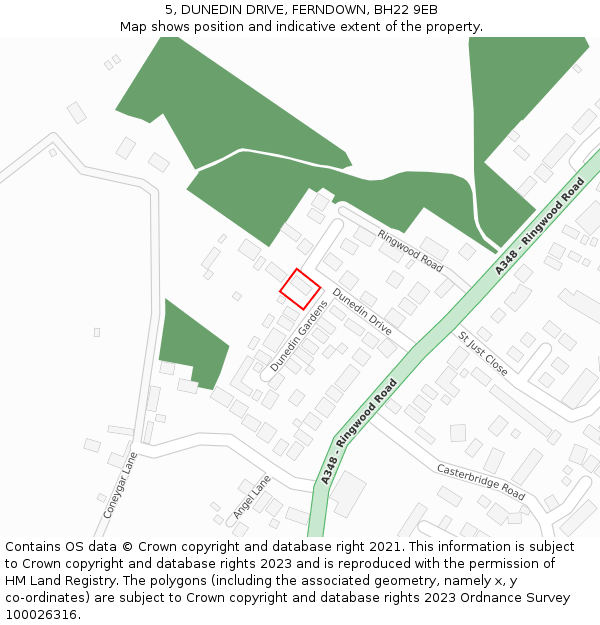 5, DUNEDIN DRIVE, FERNDOWN, BH22 9EB: Location map and indicative extent of plot