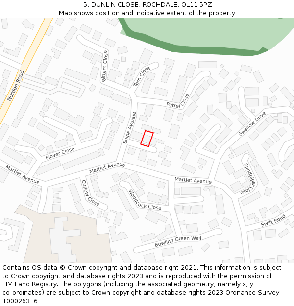 5, DUNLIN CLOSE, ROCHDALE, OL11 5PZ: Location map and indicative extent of plot