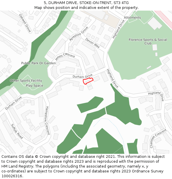 5, DURHAM DRIVE, STOKE-ON-TRENT, ST3 4TG: Location map and indicative extent of plot