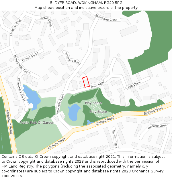 5, DYER ROAD, WOKINGHAM, RG40 5PG: Location map and indicative extent of plot