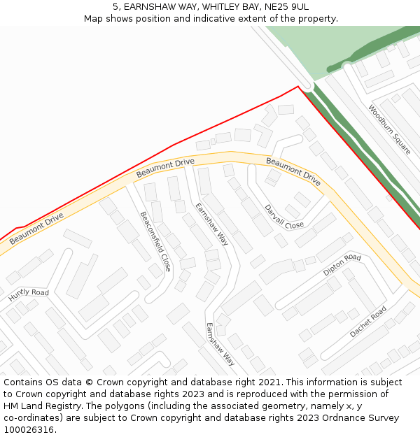5, EARNSHAW WAY, WHITLEY BAY, NE25 9UL: Location map and indicative extent of plot