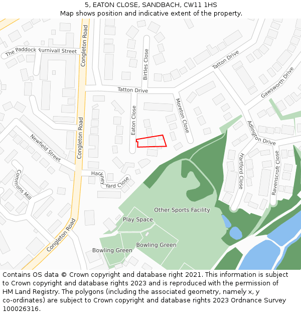 5, EATON CLOSE, SANDBACH, CW11 1HS: Location map and indicative extent of plot