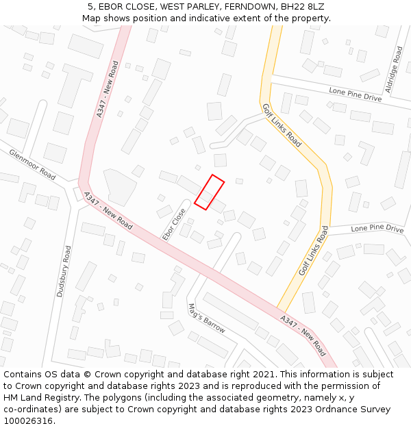 5, EBOR CLOSE, WEST PARLEY, FERNDOWN, BH22 8LZ: Location map and indicative extent of plot