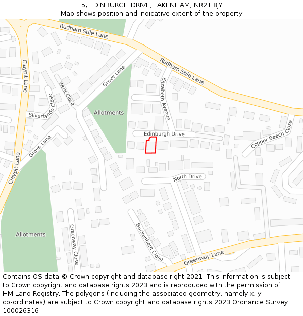 5, EDINBURGH DRIVE, FAKENHAM, NR21 8JY: Location map and indicative extent of plot