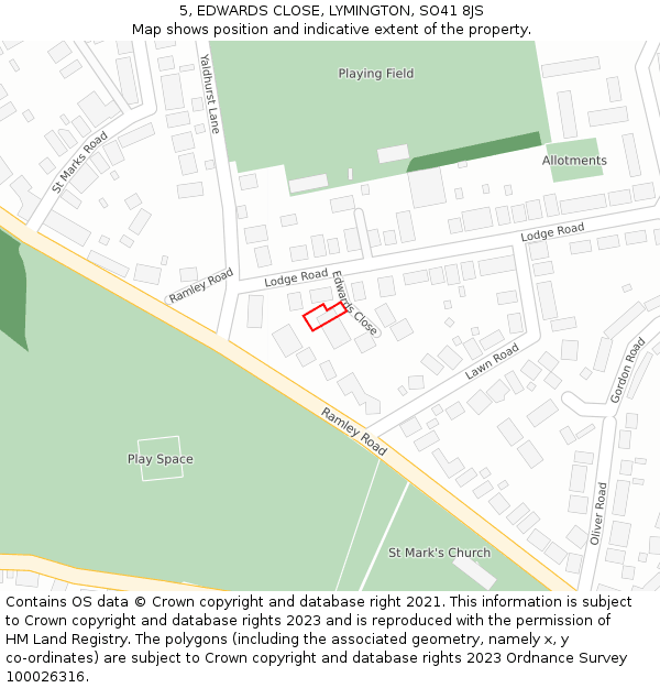 5, EDWARDS CLOSE, LYMINGTON, SO41 8JS: Location map and indicative extent of plot