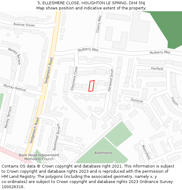 5, ELLESMERE CLOSE, HOUGHTON LE SPRING, DH4 5NJ: Location map and indicative extent of plot