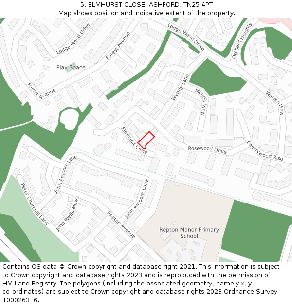 5, ELMHURST CLOSE, ASHFORD, TN25 4PT: Location map and indicative extent of plot