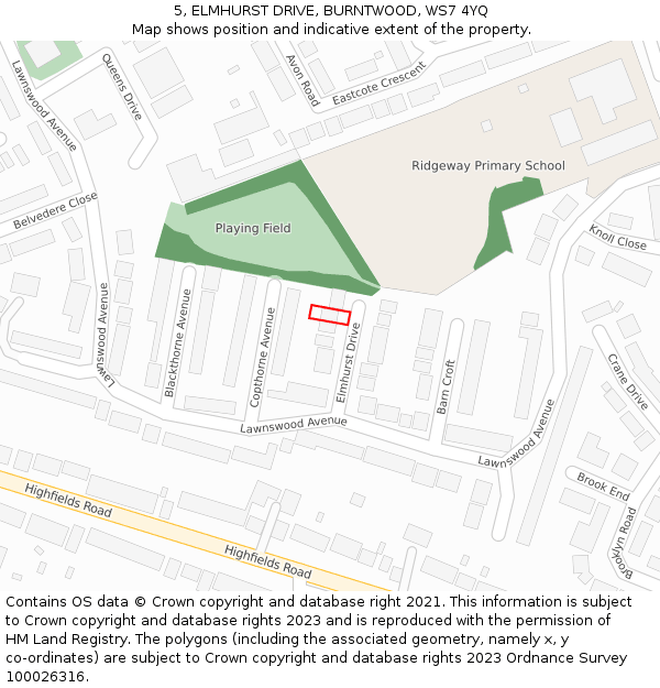 5, ELMHURST DRIVE, BURNTWOOD, WS7 4YQ: Location map and indicative extent of plot