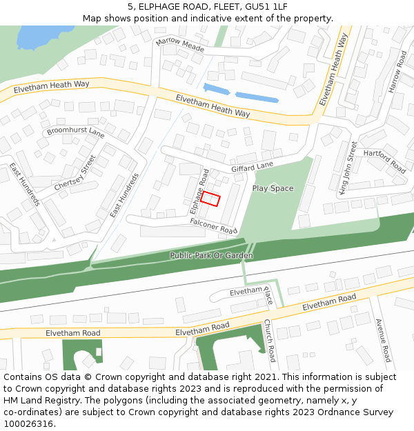 5, ELPHAGE ROAD, FLEET, GU51 1LF: Location map and indicative extent of plot