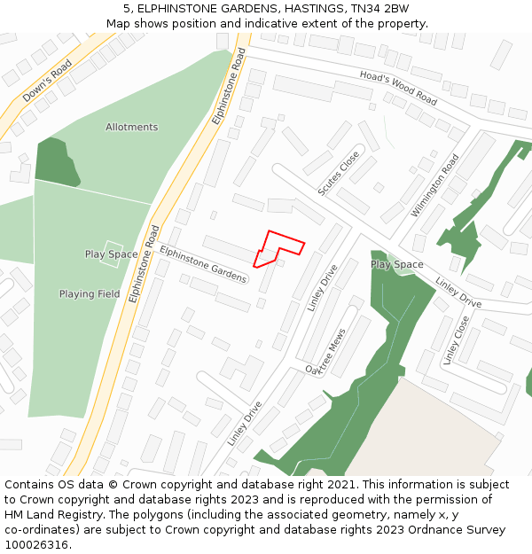 5, ELPHINSTONE GARDENS, HASTINGS, TN34 2BW: Location map and indicative extent of plot