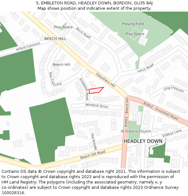 5, EMBLETON ROAD, HEADLEY DOWN, BORDON, GU35 8AJ: Location map and indicative extent of plot