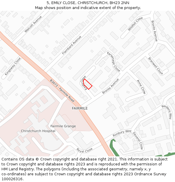 5, EMILY CLOSE, CHRISTCHURCH, BH23 2NN: Location map and indicative extent of plot