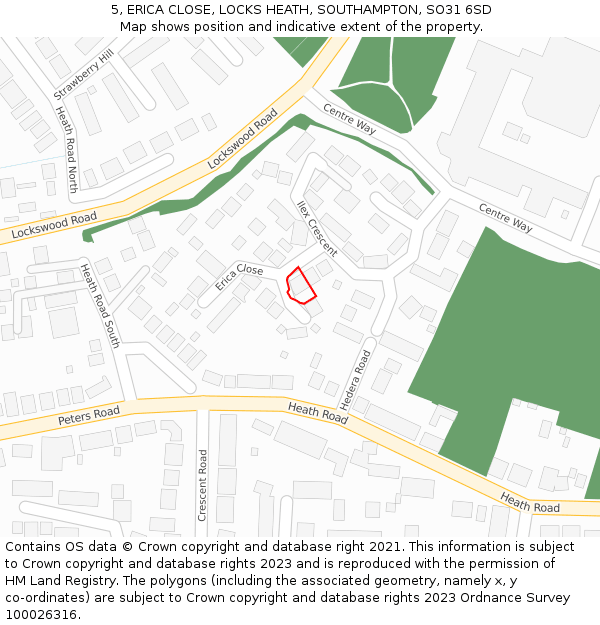 5, ERICA CLOSE, LOCKS HEATH, SOUTHAMPTON, SO31 6SD: Location map and indicative extent of plot