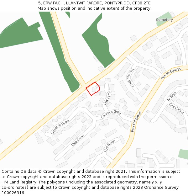 5, ERW FACH, LLANTWIT FARDRE, PONTYPRIDD, CF38 2TE: Location map and indicative extent of plot