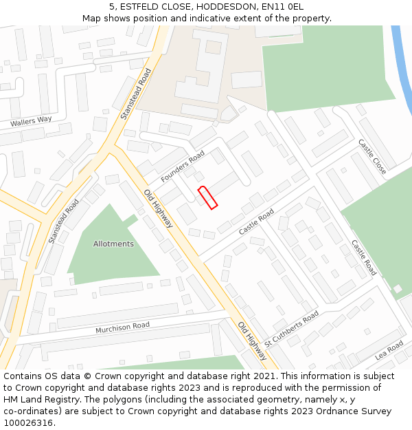 5, ESTFELD CLOSE, HODDESDON, EN11 0EL: Location map and indicative extent of plot