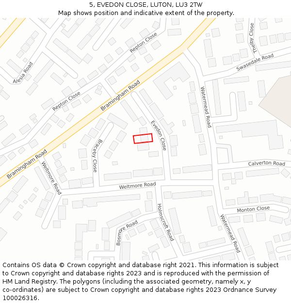 5, EVEDON CLOSE, LUTON, LU3 2TW: Location map and indicative extent of plot