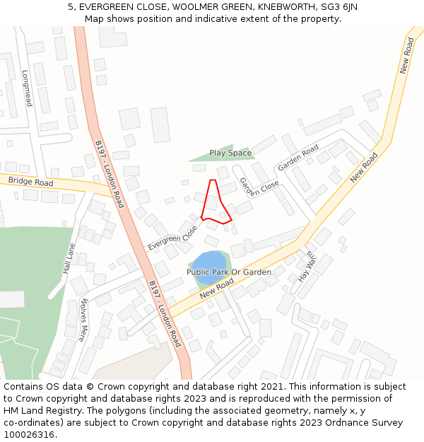 5, EVERGREEN CLOSE, WOOLMER GREEN, KNEBWORTH, SG3 6JN: Location map and indicative extent of plot