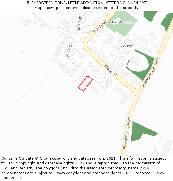 5, EVERGREEN DRIVE, LITTLE ADDINGTON, KETTERING, NN14 4AZ: Location map and indicative extent of plot