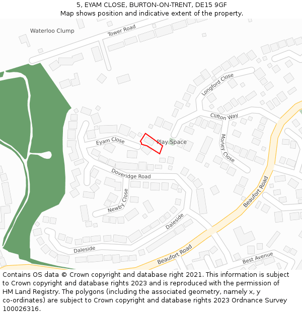 5, EYAM CLOSE, BURTON-ON-TRENT, DE15 9GF: Location map and indicative extent of plot