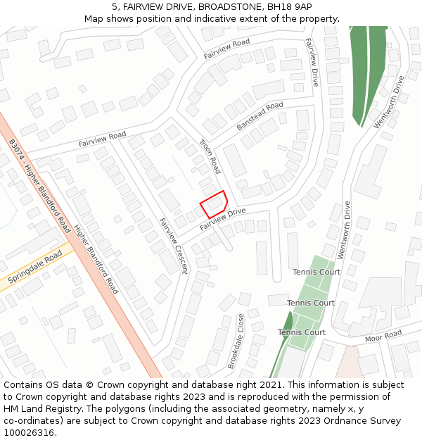 5, FAIRVIEW DRIVE, BROADSTONE, BH18 9AP: Location map and indicative extent of plot