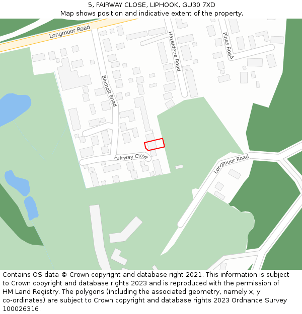 5, FAIRWAY CLOSE, LIPHOOK, GU30 7XD: Location map and indicative extent of plot