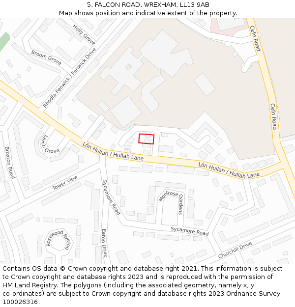 5, FALCON ROAD, WREXHAM, LL13 9AB: Location map and indicative extent of plot