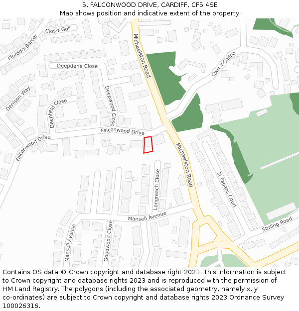 5, FALCONWOOD DRIVE, CARDIFF, CF5 4SE: Location map and indicative extent of plot