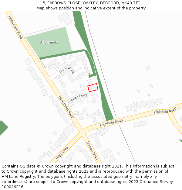 5, FARROWS CLOSE, OAKLEY, BEDFORD, MK43 7TF: Location map and indicative extent of plot