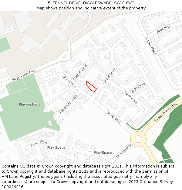 5, FENNEL DRIVE, BIGGLESWADE, SG18 8WD: Location map and indicative extent of plot