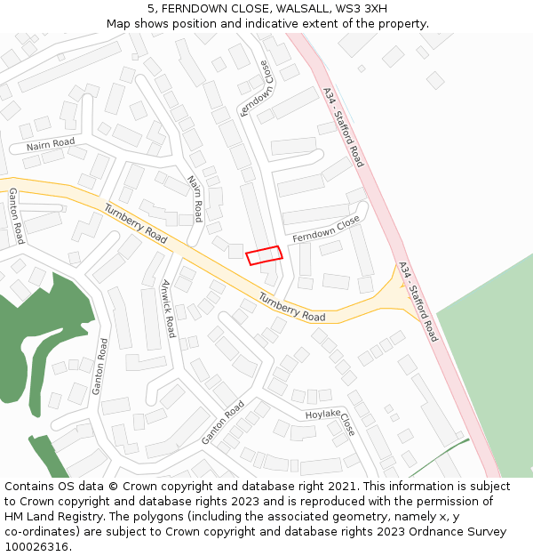 5, FERNDOWN CLOSE, WALSALL, WS3 3XH: Location map and indicative extent of plot