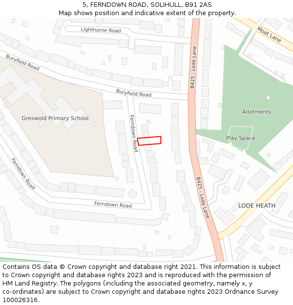 5, FERNDOWN ROAD, SOLIHULL, B91 2AS: Location map and indicative extent of plot