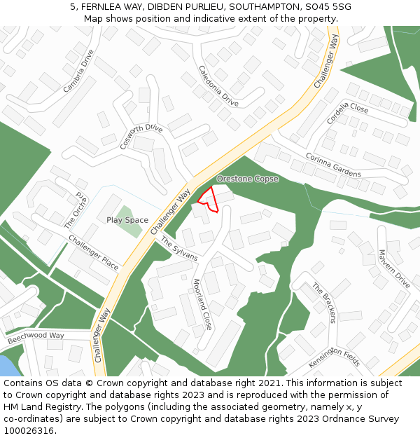 5, FERNLEA WAY, DIBDEN PURLIEU, SOUTHAMPTON, SO45 5SG: Location map and indicative extent of plot