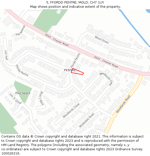 5, FFORDD PENTRE, MOLD, CH7 1UY: Location map and indicative extent of plot