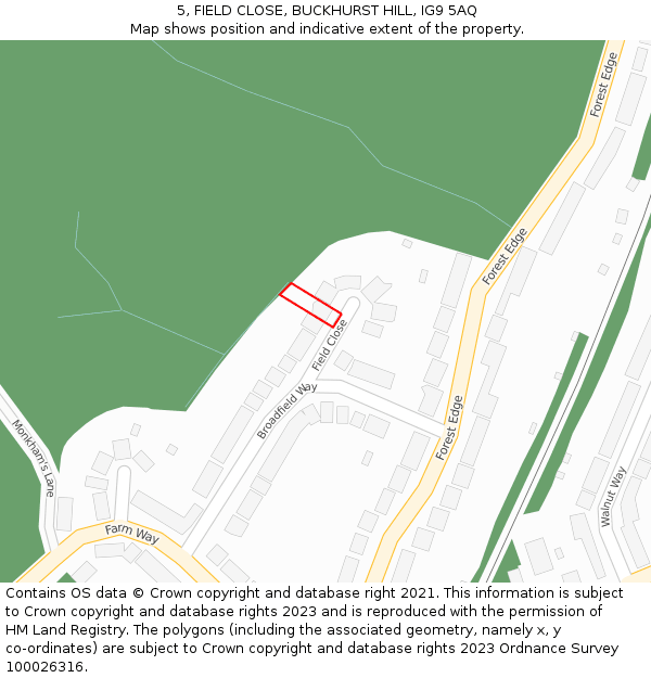 5, FIELD CLOSE, BUCKHURST HILL, IG9 5AQ: Location map and indicative extent of plot
