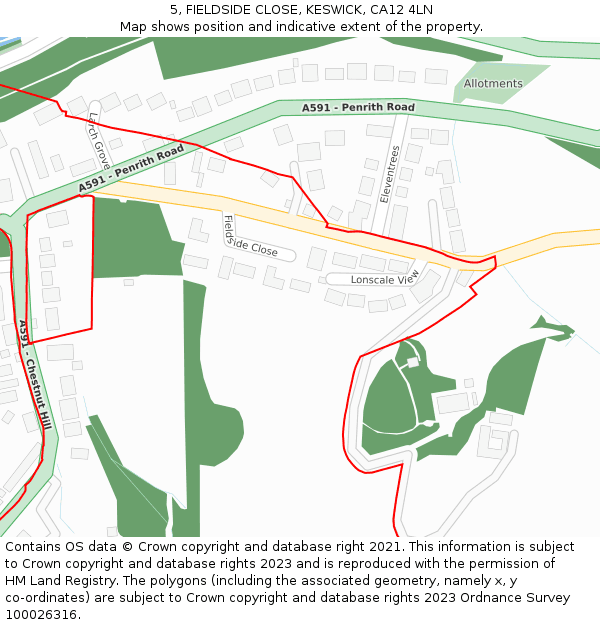 5, FIELDSIDE CLOSE, KESWICK, CA12 4LN: Location map and indicative extent of plot