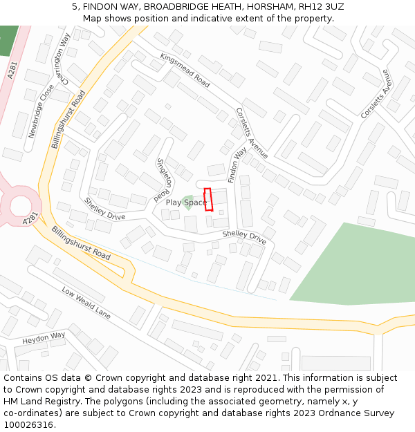 5, FINDON WAY, BROADBRIDGE HEATH, HORSHAM, RH12 3UZ: Location map and indicative extent of plot