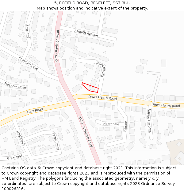 5, FIRFIELD ROAD, BENFLEET, SS7 3UU: Location map and indicative extent of plot