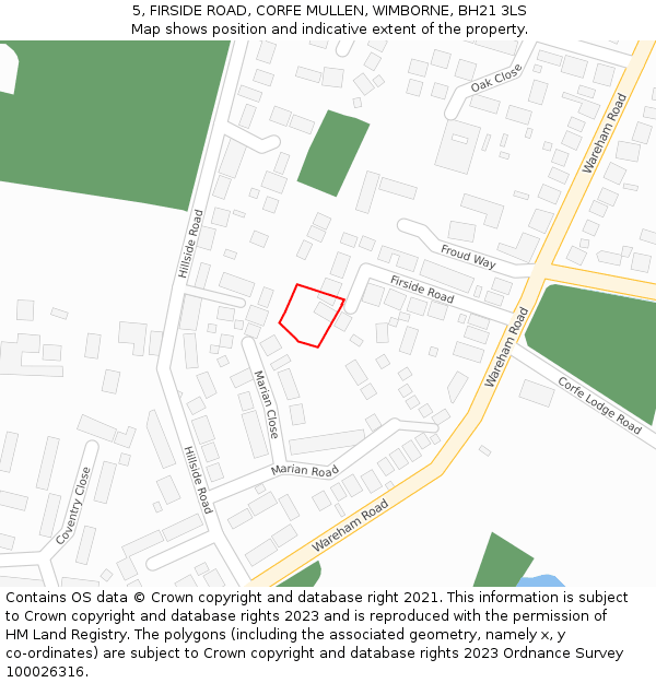 5, FIRSIDE ROAD, CORFE MULLEN, WIMBORNE, BH21 3LS: Location map and indicative extent of plot