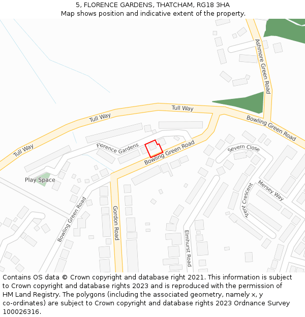 5, FLORENCE GARDENS, THATCHAM, RG18 3HA: Location map and indicative extent of plot